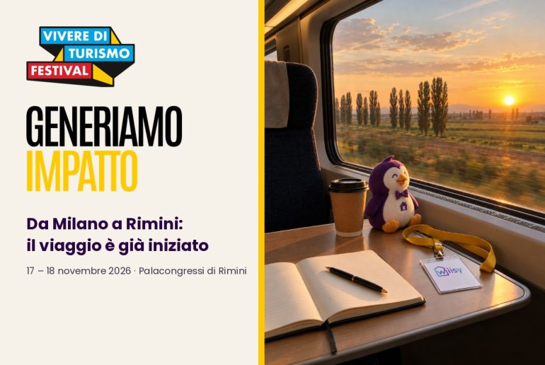 Copertina Vivere di Turismo Festival 2026 Generiamo Impatto: tavolino di un treno al tramonto con il pinguino Wiisy e un badge Wiisy